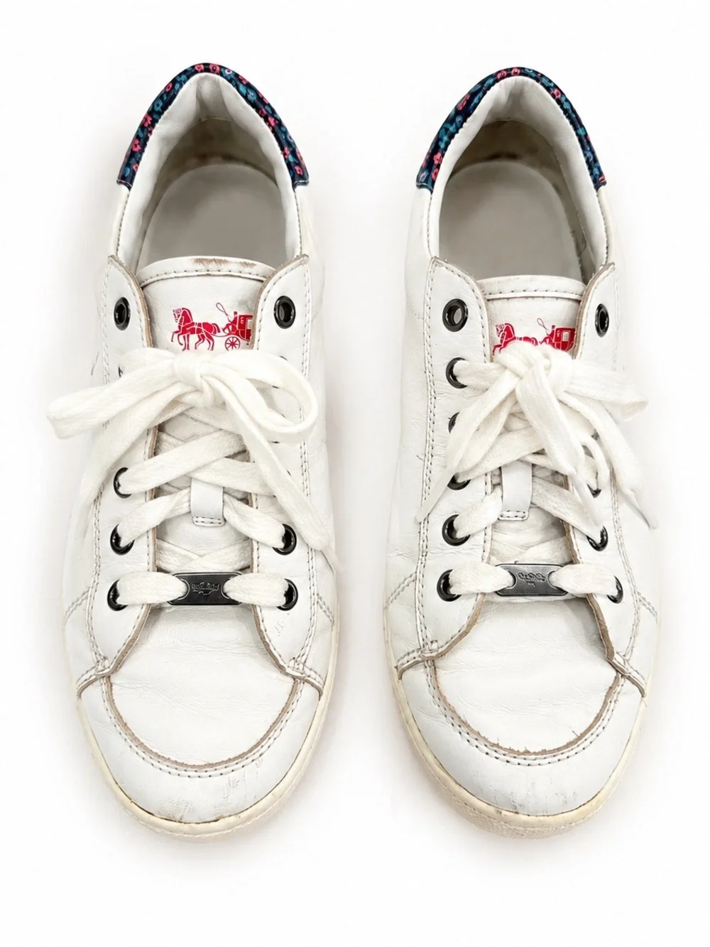 Women’s Coach New York White Leather Low Top Sneakers Floral Heel Lace Up 8.5